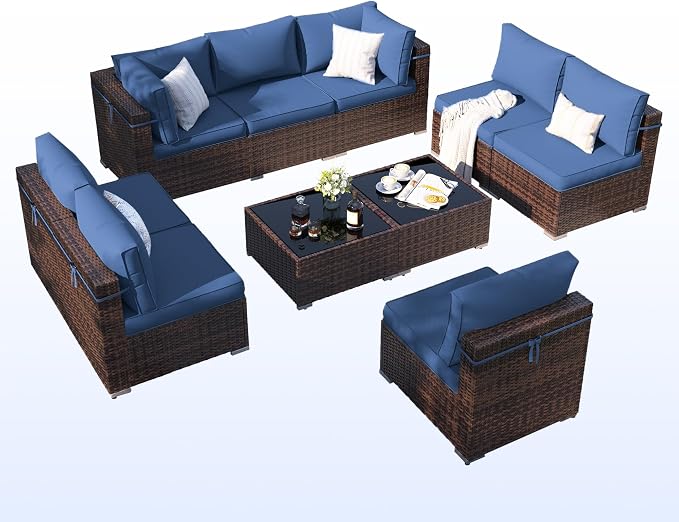 Patio Furniture Set, Modular 10-Piece Patio Conversation Sets with Coffee Table, All-Weather Wicker Outdoor Sectional for Backyard and Balcony, Navy (Waterproof Covers Included)