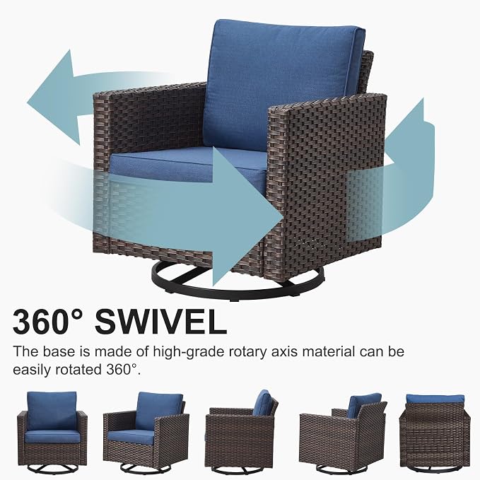 Belord 5 Pieces Wicker Patio Furniture Set: 4 Outdoor Swivel Glider Rocker Patio Conversation Set with 50000BTU Propane Fire Pit Table, All Weather Brown Rattan Anti-Rust Frame, Blue Cushion