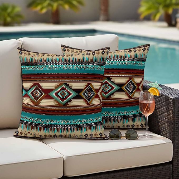 Boho Ethic Outdoor Pillow Covers 18"x18" Set of 2, Western Aztec Tribal Teal Brown Diamond Stripes Waterproof Throw Pillow Covers for Patio Furniture, Decorative Cushion Covers for Porch