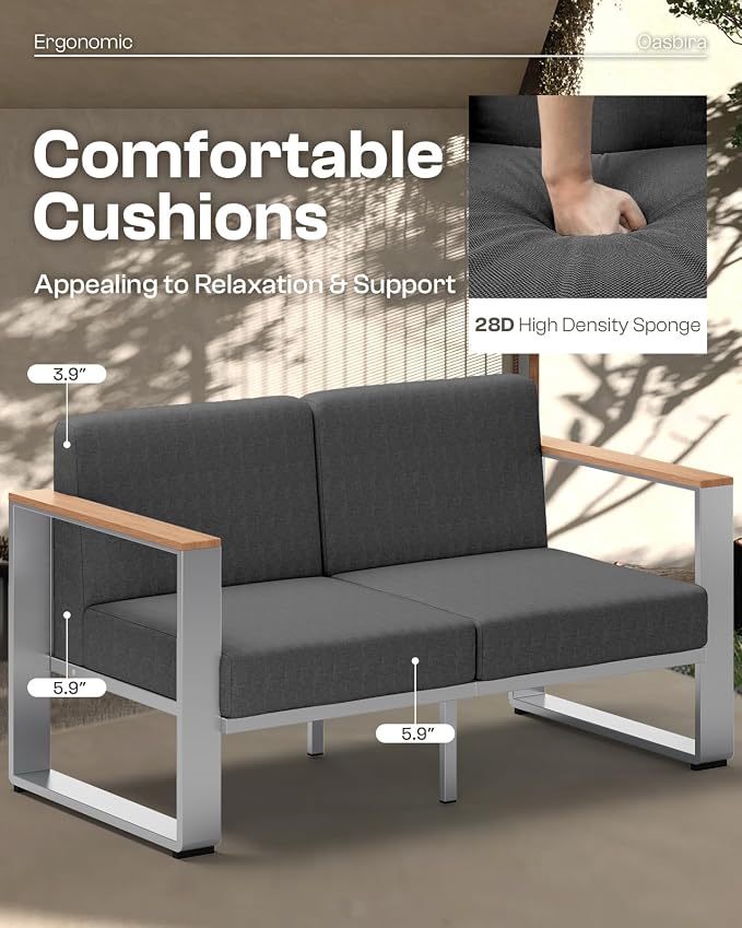Aluminum Outdoor Patio Furniture, 1 Piece Loveseat, All-Weather Outside Sofa for Deck, Porch (Teak-Charcoal)