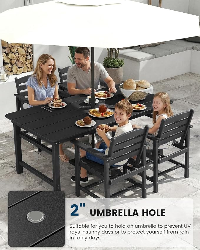 FOOWIN Outdoor Table and Chairs Set 5-Piece HDPE All Weather Patio Dining Set with Umbrella Hole,Outdoor Patio Furniture Dining Set for 4,Patio Kitchen Table Set for Garden,Backyard,Poolside Black