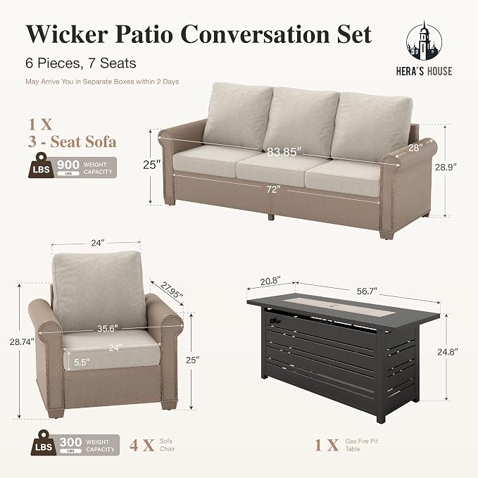 HERA'S HOUSE Patio Furniture Set, 4 x Cushioned Chairs, 3-Seat Sofa with Wood Grain Coffee Table, 5 Seats Luxury Windsor Style All Weahter Outdoor Sofa Conversation Set for Deck Lawn Backyard