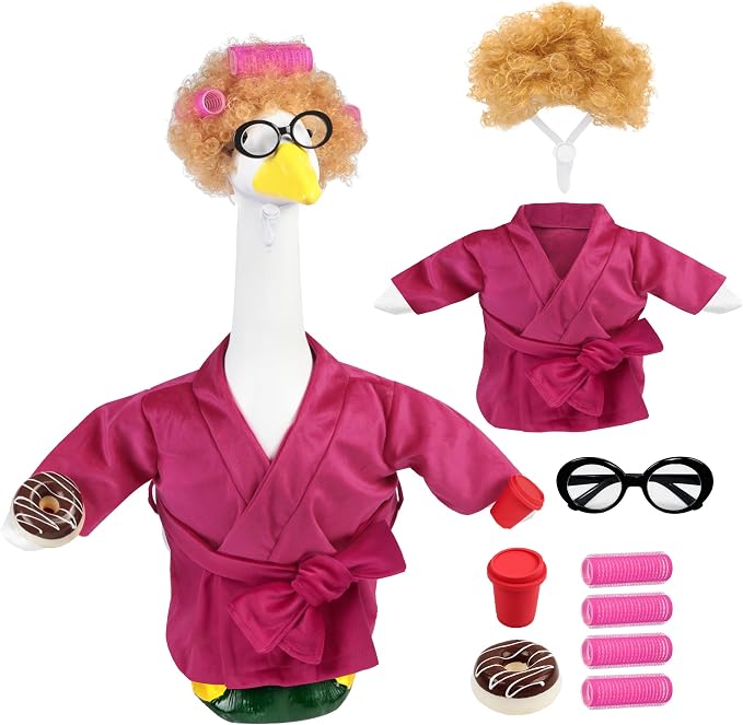 Porch Goose Robe Outfit Set for 23 Inch Goose Statue, Pink Flannel Bathrobe with Wig Curlers Coffee Cup Donut Glasses, Funny Home Relaxing Goose Clothes Decor (Pink)