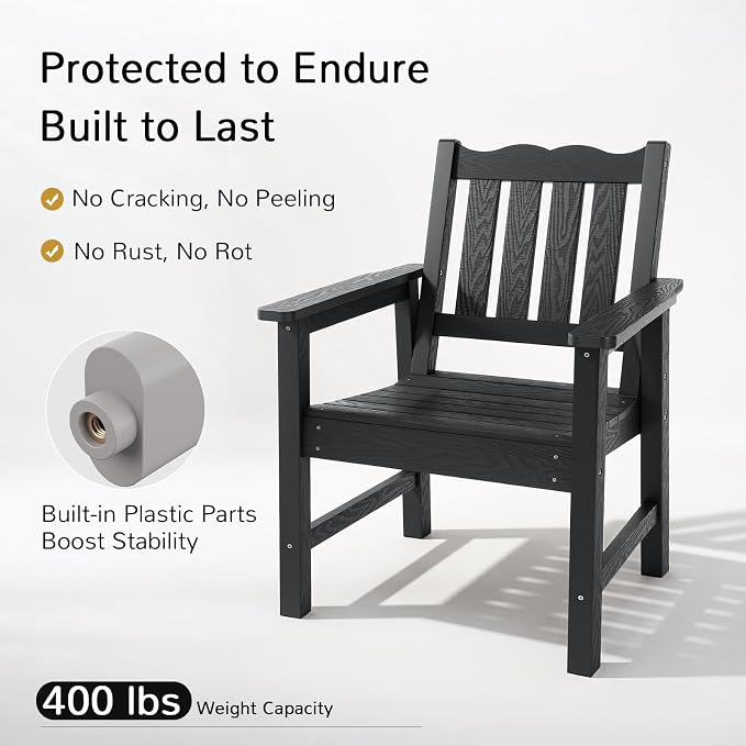 Stoog All-Weather Patio Chairs Set of 2, Outdoor Dining Chairs with Curved Backrest, 400 lbs Support Garden Chair, Black