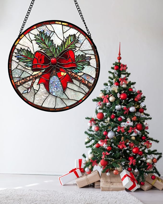 DASTOLL Stained Glass Window Hanging - Pine Branches Red Bow Suncatcher for Doors Home Christmas Decoration Silver Sun Catcher Thanksgiving New Year Birthday Gifts for Women Men Mom Nana 6.3 in