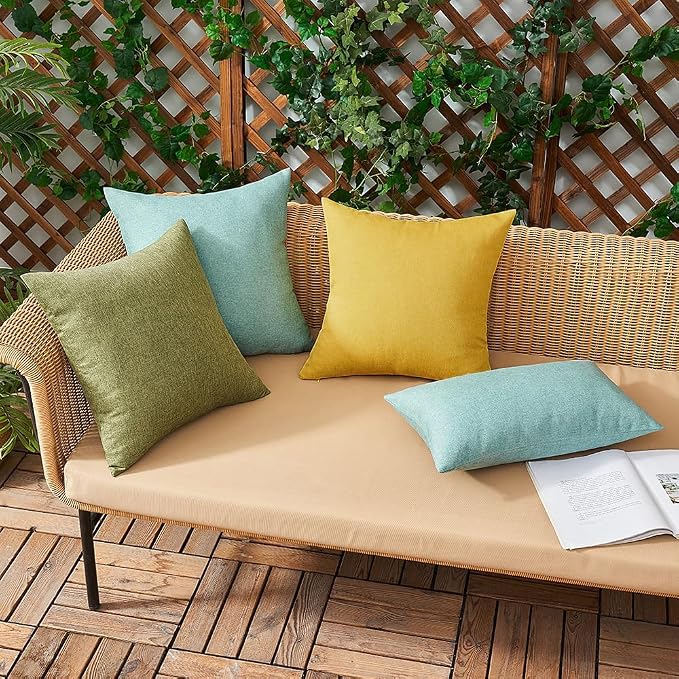 Outdoor Waterproof Throw Pillow Covers Yellow 16x16 Set of 2 | Decorative Farmhouse Linen Pillowcases Solid Cushion Cases for Patio Tent Balcony Couch Sofa Living Room