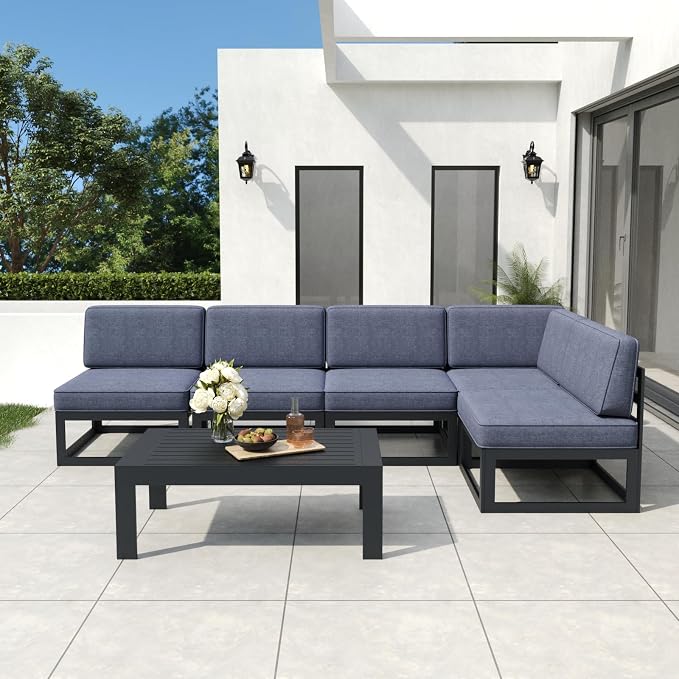 6 Pieces Aluminum Patio Furniture Set with Coffee Table, Metal Outdoor Conversation Sofa Set with Seating Cushions