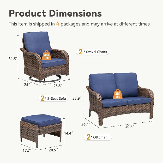6 PCS Patio Furniture Set, 2 Outdoor Wicker Loveseat Sofas & 2 Swivel Rocking Chairs with 2 Ottomans, 4-Inch Thick Olefin Cushions, 300 lbs Capacity Rattan Conversation Set for Porch, Blue