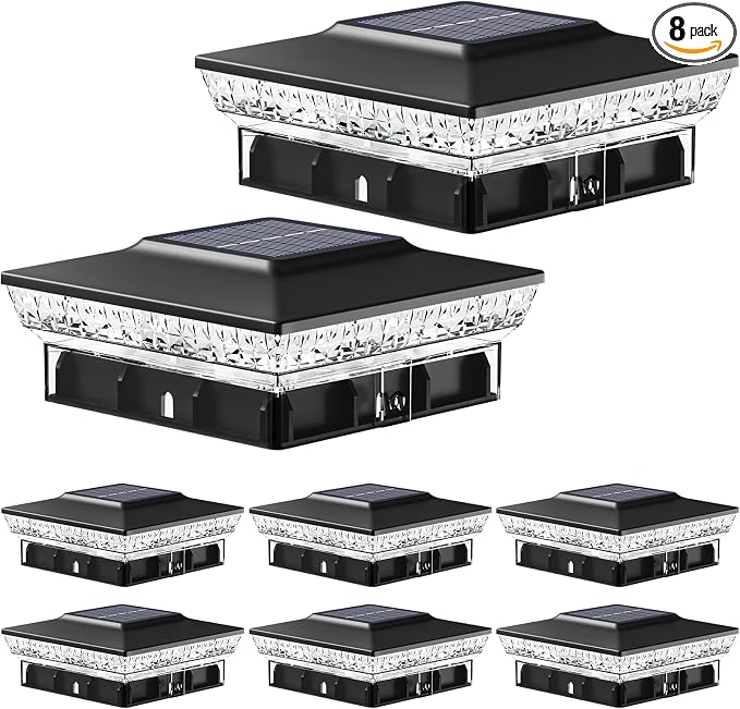 btfarm 8 Pack Solar Post Cap Lights Outdoor, 2 Color Modes 16 LED Fence Post Lights Fit 4x4 3.5x3.5 Wooden/Vinyl, Bright Waterproof Solar Powered Deck Lighting Outside for Patio Porch Garden, Black
