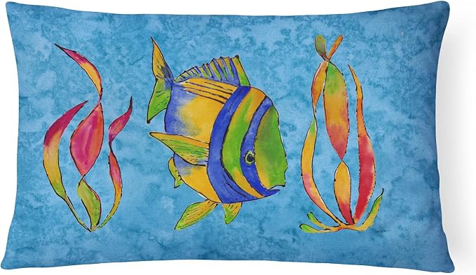 Caroline's Treasures 8713PW1216 Troical Fish and Seaweed on Blue Canvas Fabric Decorative Pillow Machine Washable, Indoor Outdoor Decorative Pillow for Couch, Bed or Patio, 12HX16W