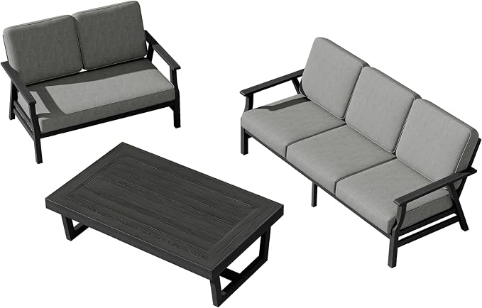 3 Pieces Patio Furniture Sets, Black Wood Outdoor Sectional Furniture with Coffee Table, 5 Seats Patio Sofa Couch Conversation Set for Backyard Deck - Gray