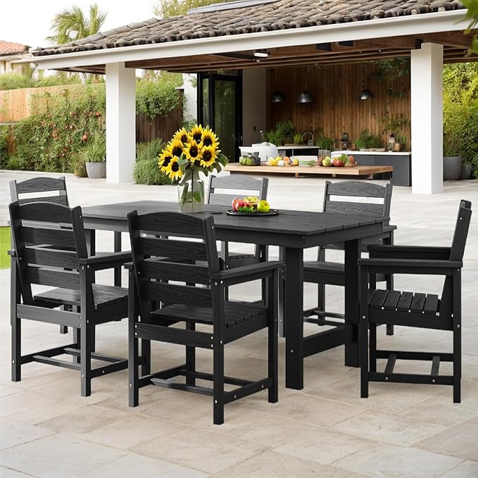 TenKa 7 Piece HDPE Patio Furniture Set for 6, Dining Table and Chairs, Outdoor Table with Umbrella Hole, Outdoor Dining Set for Garden, Backyard, Lawn, and Poolside