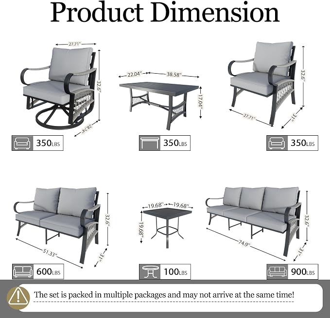 11 Pieces Patio Conversation Sets, All-Weather Metal Swivel Rocking Chairs with Rope Furniture Set, Outdoor Sofa Couch for Deck, Porch, Garden, Backyard, Poolside (Gray Cushions)