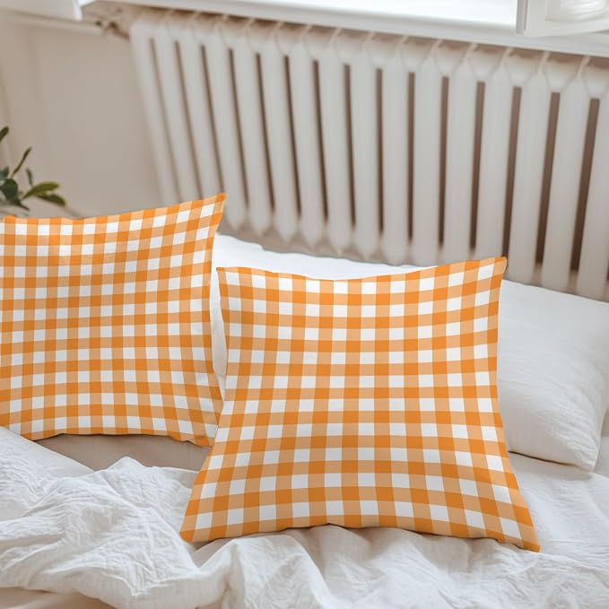 Orange Checks Outdoor Pillow Covers 26"x26" Set of 2, White Gingham Plaid Abstract Modern Summer Waterproof Throw Pillow Covers for Patio Furniture, Decorative Cushion Covers for Porch