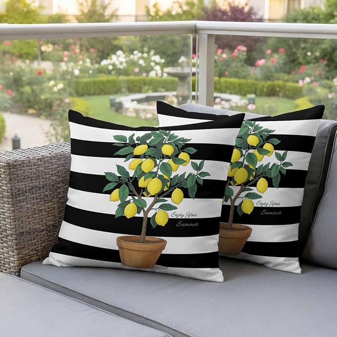 Outdoor Waterproof Throw Pillow Covers, Summer Lemon Decorative Pillow Cases, Black White Striped Potted Plant Couch Pillow Protector Patio Sofa Cushion Covers Replacement 18"x18" 2 Pack