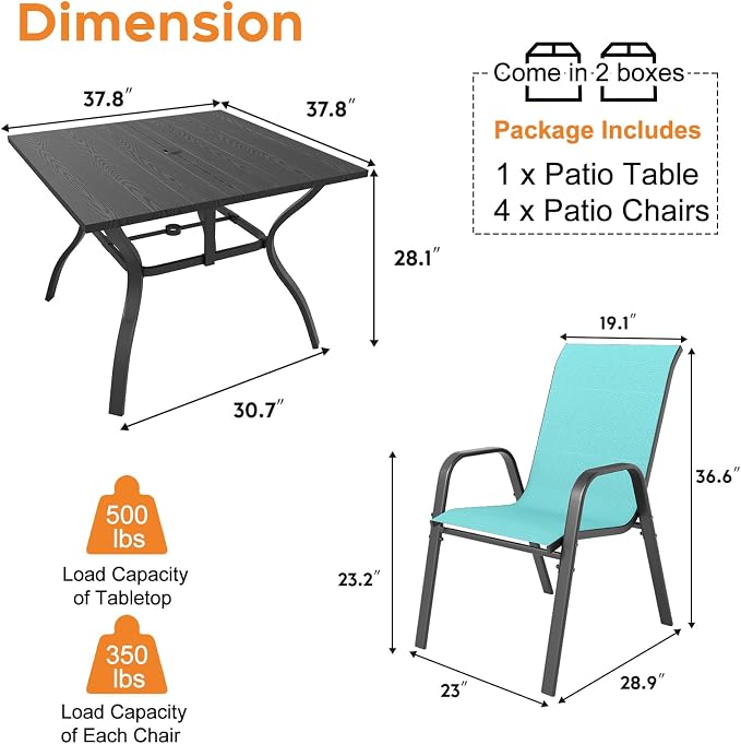 Outdoor Patio Dining Set for 4, 5 Pieces Patio Table and Chairs Set with Umbrella Hole, 37.8"x 37.8" Square Metal Wood-Grain Dining Table Set with 4 Stackable Patio Chairs for Deck , Backyard, Porch