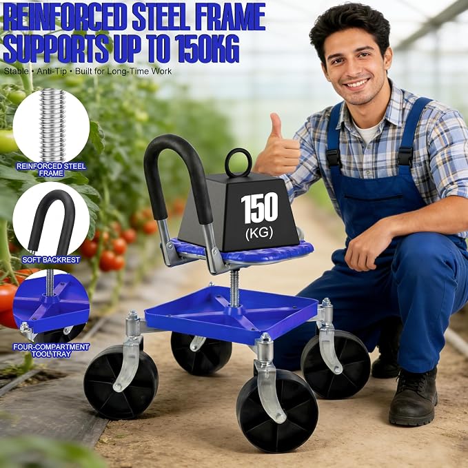Heavy-Duty 360° Swivel Rolling Garden Seat, 330 lbs Capacity, Height Adjustable 20-24 in, with Work Gloves for Weeding, Planting, Car Detailing