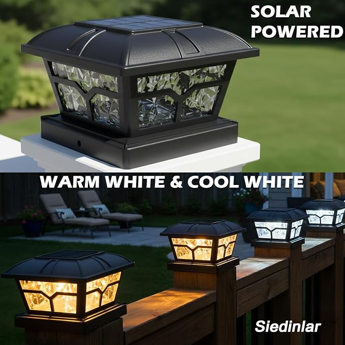 SIEDiNLAR Solar Post Cap Lights Outdoor 2 Color Modes 8 LEDs for 4x4 5x5 6x6 Posts Fence Patio Deck Decoration Warm White & Cool White Lighting Black (4 Pack)