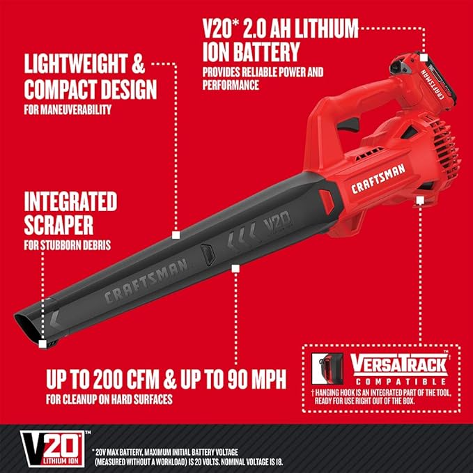CRAFTSMAN 20V MAX Cordless Leaf Blower Kit with Battery & Charger Included (CMCBL710D1) Red | Craftsman Electric Pressure Washer, Cold Water, 1700-PSI, 1.2-GPM, Corded (CMEPW1700)