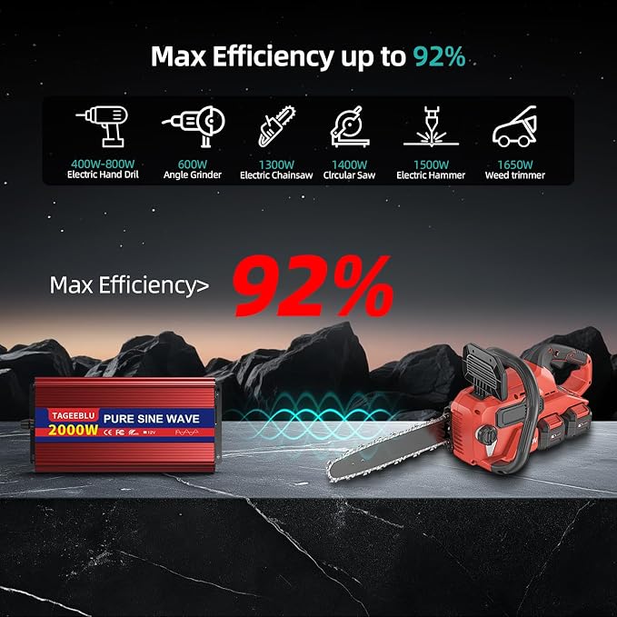 2000W Pure Sine Wave Inverter - 4000W Surge Peak, 12V DC to 110V AC Heavy Duty Power Inverter for RV, Truck, Home, Solar, Off-Grid, Outdoor, Car Converter with Dual AC Outlets and LCD Display