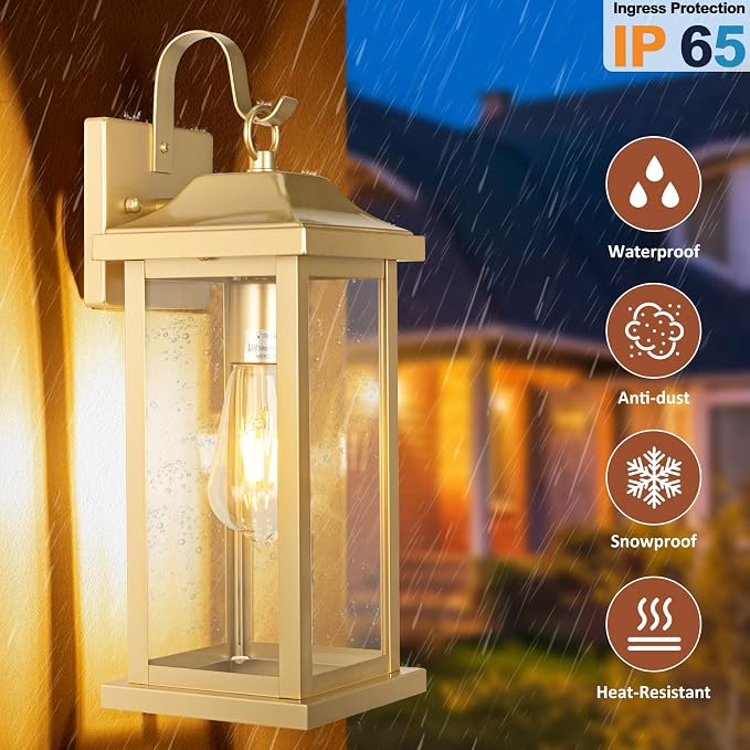 17 Inch Large Gold Outdoor Sconces Wall Lighting 2-Pack | ETL Listed Outside Wall Mounted Lamps Brass, Porch Lights Exterior Light Fixtures, IP65 Waterproof Anti-Rust