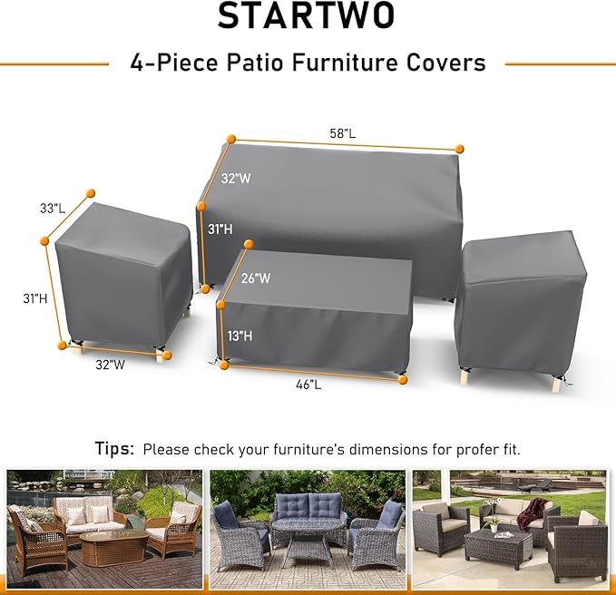 STARTWO Outdoor Patio Furniture Covers Waterproof 4-Piece Set, for Chairs 33in, Loveseat 58in, Coffee Table 46in, Heavy Duty 600D, Grey