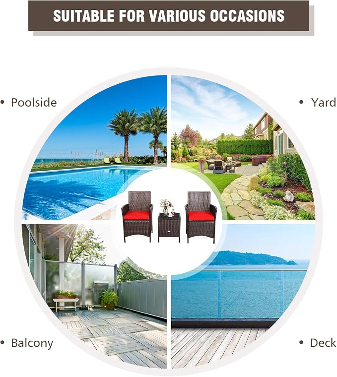RELAX4LIFE 3 Pieces Patio Rattan Furniture Set with Glass Coffee Table & Cushions Outdoor Conversation Set for Poolside Balcony Backyard Lawn Porch 3 Pieces PE Rattan Patio Set (Red)