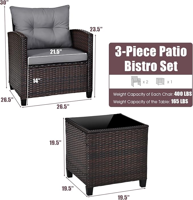 3-Pieces Patio Furniture Set, PE Wicker Chairs Sofa Set with Removable Cushions & Glass Top Side Table, Outdoor Wicker Rattan Conversation Chair for Porch,Backyard, Balcony (Grey)