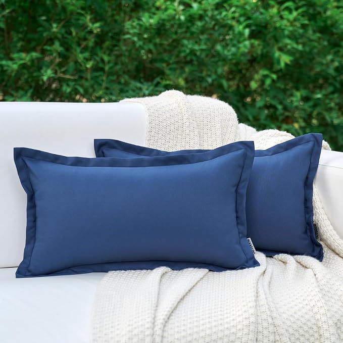 LIGICKY Navy Blue Outdoor Lumbar Pillows Waterproof Pillow Covers 12x20 Inch Pack of 2 Decorative Rectangle Solid Color Pillows with Wide Edge Cushion Cover for Patio Tent Garden Couch Balcony