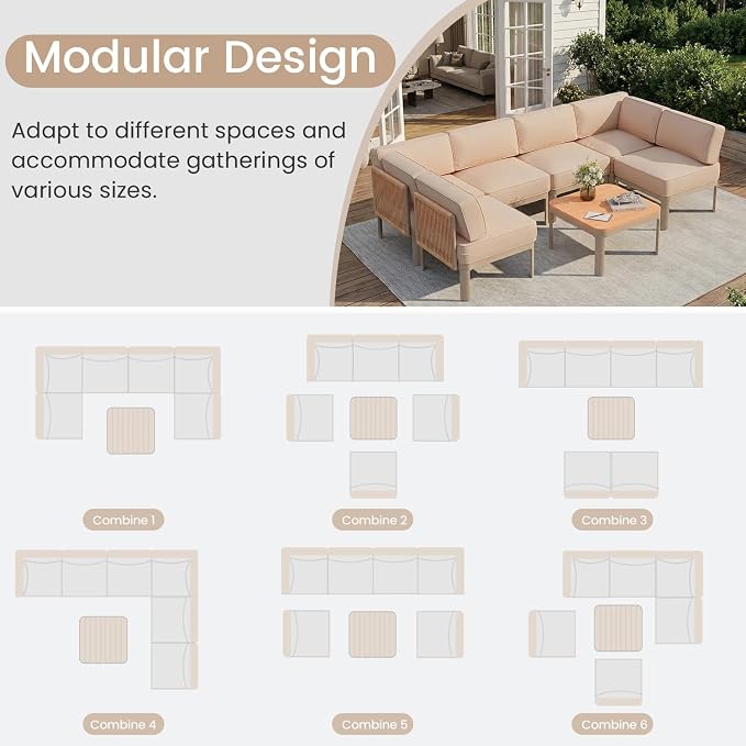 EROMMY 7 Pieces Patio Sectional Furniture Set, Metal Frame Outdoor Conversation Set with 6" Thick Cushions & Coffee Table, All-Weather U-Shape Sectional Sofa for Poolside, Deck, Backyard, Beige