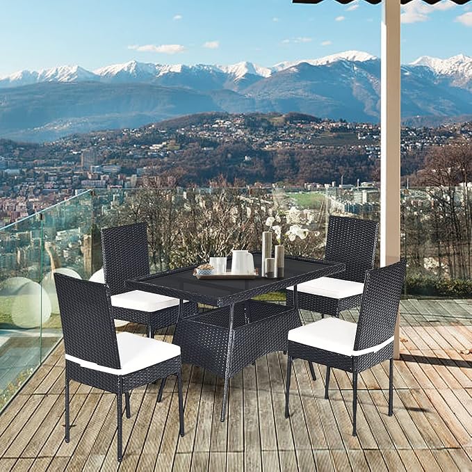 RELAX4LIFE 5-Piece Wicker Dining Set - Patio Rattan Dining Furniture w/ 1 Rectangular Table, 4 Chairs & Removable Soft Cushions, Indoor & Outdoor Dining Table Set w/Tempered Glass Top, Black