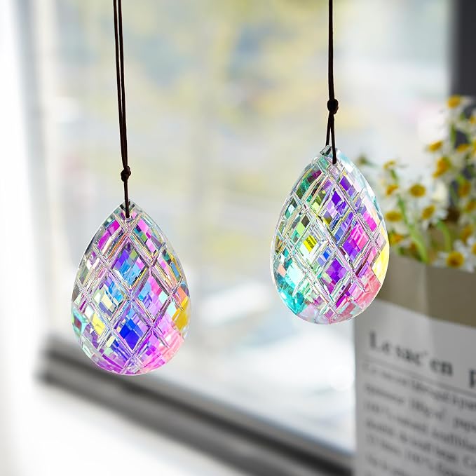 Set 2 Crystal Sun Catcher Prisms Pendant for Window Hanging Decor,3inch | AB Colored,Crystal Suncatchers,Rainbow Maker,Light Catcher For Home Indoor Garden Christmas Tree Ornament,Gift FOr Women