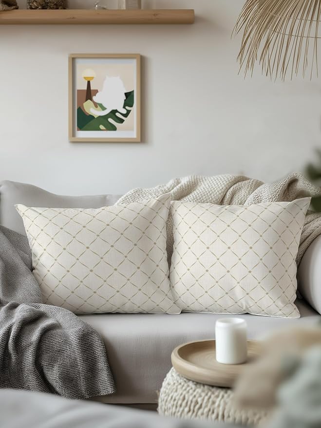 Waterproof Outdoor Pillow 1 Pack Beige Grid Plaid Decorative Throw Pillows Cover & Insert 16x16 Inch Pillowcase Diagonally Crossed Lines Pillows for Couch Sofa Bed Patio Furniture Indoor Outdoor