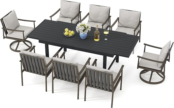 HAPPATIO 9-Piece Aluminum Patio Dining Set,Aluminum Outdoor Dining Set,6 Dining Chairs and 2 Swivel Chairs with Expandable Table with Umbrella Hole for Lawn, Garden, Backyard