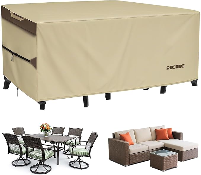 RICHIE Outdoor Patio Furniture Cover - Heavy Duty Waterproof 600D Tough Canvas Protector for Rectangular Table Cover, All-Season Dining Table and Chair Covers (128L x 82W x 28H Inch)