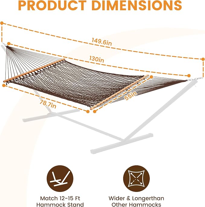 Lazy Daze Hammocks Double Rope Hammock, 2 Person Traditional Outdoor Hand Woven Cotton Rope Hammock with Spreader Bar, Carabiners, Tree Straps, Chains for Patio Yard - Max 450 Lbs, Dark Brown