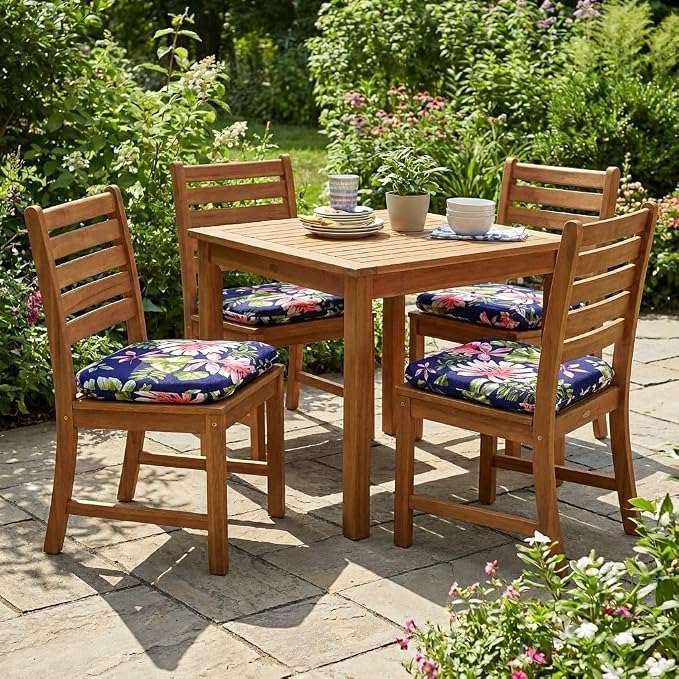 BrylaneHome Bh Outdoor Performance Set of 4 Stacking Chair Pads - Blue Fern