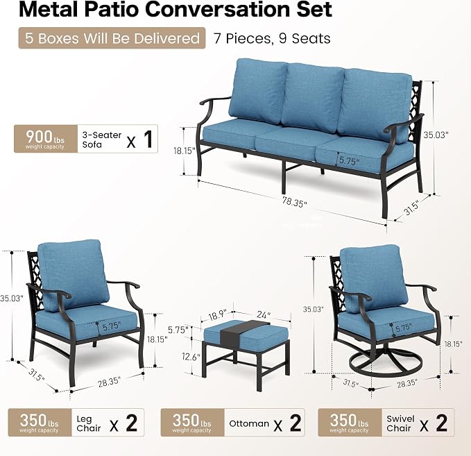 SUNSHINE VALLEY 6 Piece Metal Outdoor Patio Furniture Set, Patio Conversation Sets 1 3-Seater Sofa, 2 Swivel Chair, 2 Leg Chair with 5.75" Thick Cushion and Coffee Table, Backyard Furniture Set, Navy