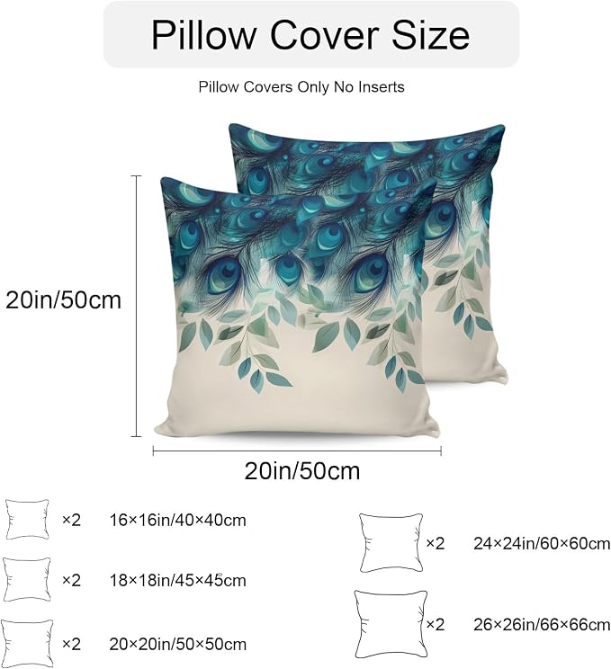 Teal Turquoise Outdoor Pillow Covers 18x18 Inch Throw Pillow Covers Set of 2 Waterproof Decorative Pillow Cases Peacock Feathers Aesthetics Eucalyptus Cushion Covers for Patio Furniture Garden Couch