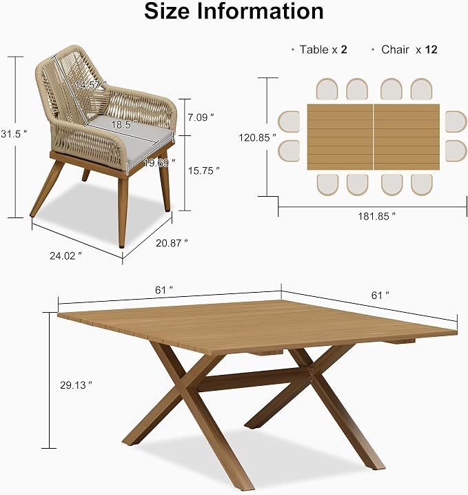 PURPLE LEAF Outdoor Dining Set All-Weather PE Rattan Outdoor Patio Furniture Set with All Aluminum Frame Rectangular Table and Chairs 14 Pieces Set for Lawn Garden Backyard Deck, Teak