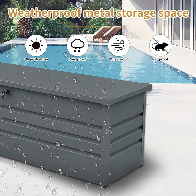 Extra Large Lockable Metal Deck Box, Waterproof Outdoor Patio Storage Container for Furniture Cushions, Pool Accessories & Garden Tools (Carbon Black + Metal, 260, Gallons)