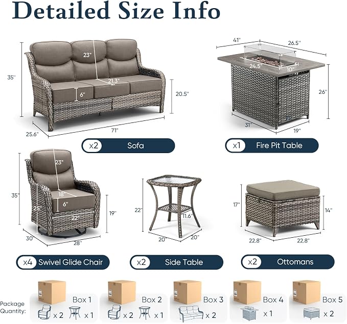 Belord Luxury 6" Thick Cushioned 11 Pieces Patio Furniture Set with Fire Pit Table, Wicker Outdoor Conversation Set with High Back Swivel Rocker Chairs for Deck Porch Yard and Poolside - Grey+Grey