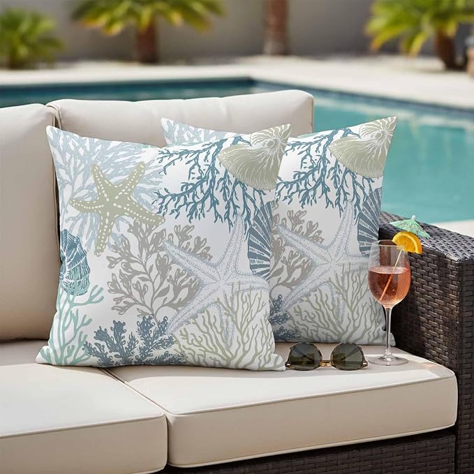 Blue Coral Coastal Waterproof Outdoor Pillow Covers 18''x18'' Set of 2, Starfish Conch Patio Furniture Summer Cushion Covers for Chairs, Decorative Beach Ocean Pillow Cases for Garden/Pool/Beach