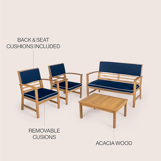JONATHAN Y Barclay Modern 4-Piece Acacia Wood Outdoor Patio Set, Conversation Seating Group with Removable Cushions and Coffee Table for Backyard, Porch, Garden, Poolside, Navy LVG1000C-4SET