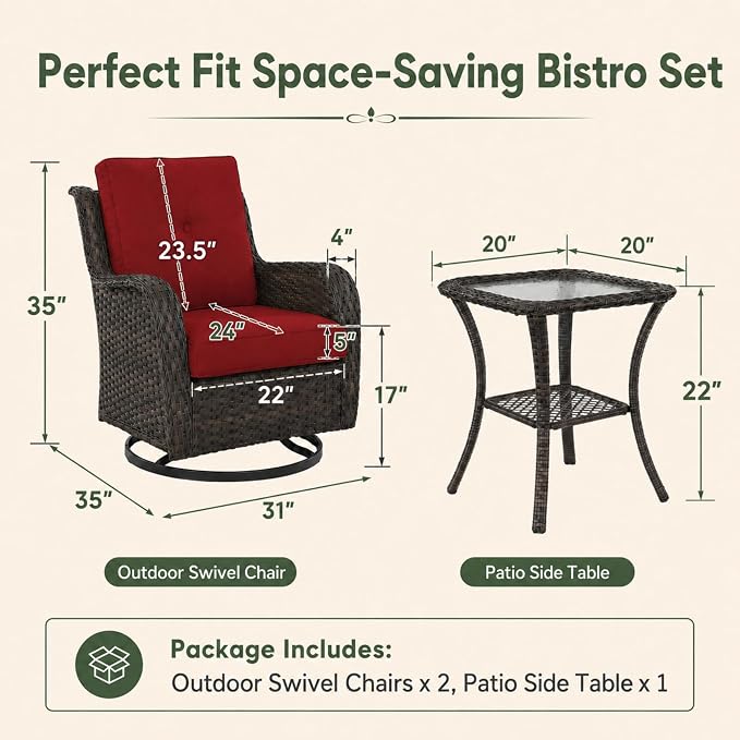 HUMMUH 3-Piece Swivel Rocking Rattan Chair Outdoor, Patio Bistro Furniture Conversation Set, Cushioned Wicker Chair with Glass Coffee Table