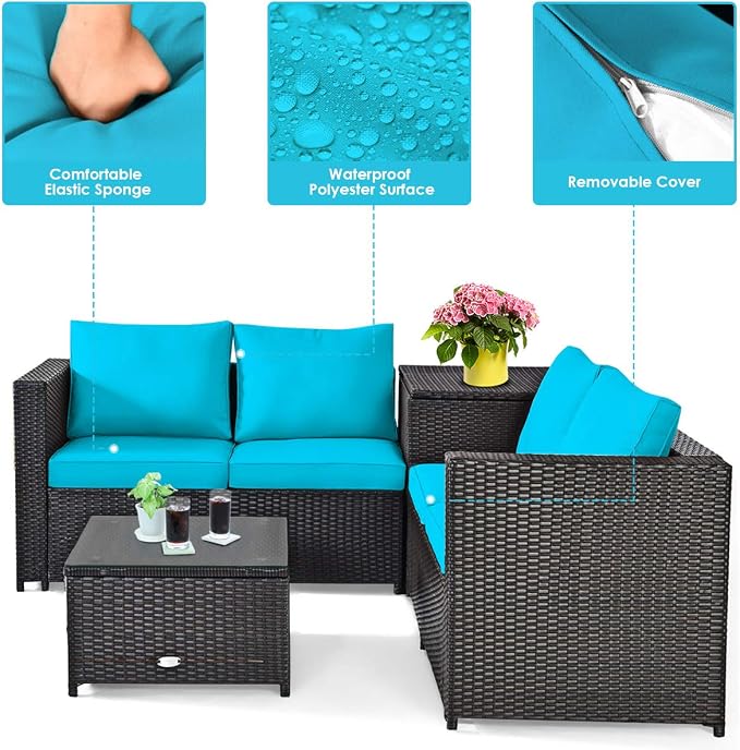 DORTALA 8 Pieces Outdoor Patio Furniture Set, Weather Resistant PE Rattan Conversation Set with Loveseats, Outdoor Sectional Sofa Set with Comfy Cushions for Garden and Poolside, Turquoise