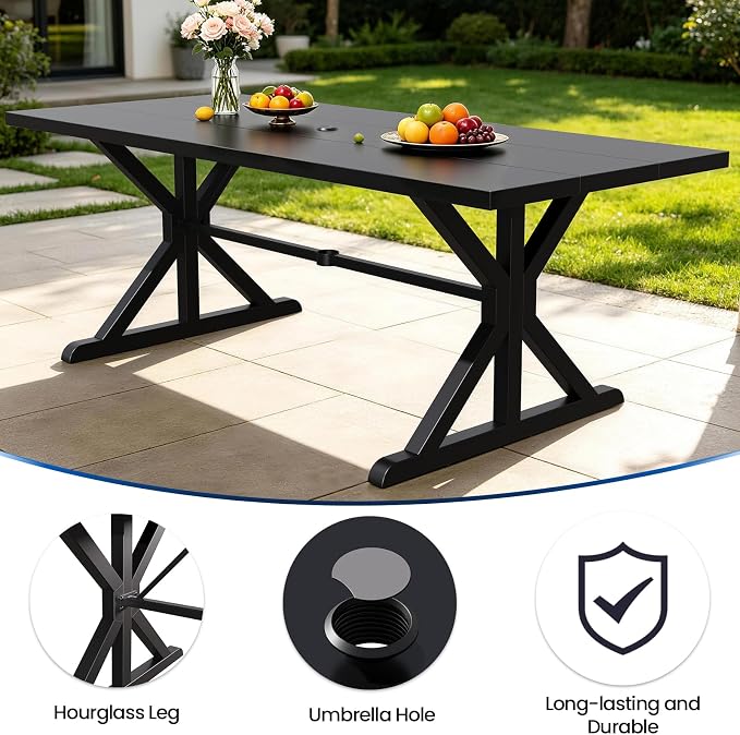 Kullavik 7 Pcs Outdoor Dining Set,Patio Dining Table and Chairs Set for 6,Fence Pattern Back Chairs with Thickened Cushions & X-Frame Metal Dining Table with Umbrella Hole for Patio,Sand