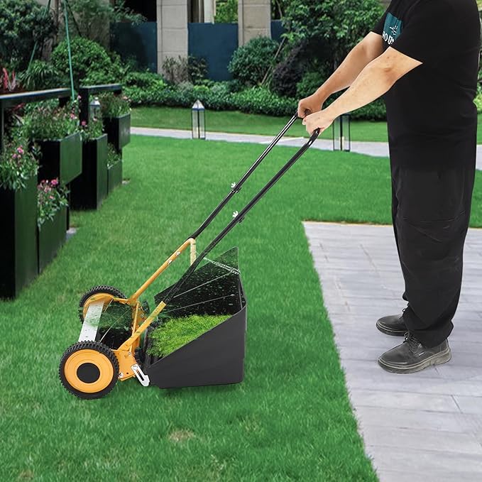 Lawn Mower, Hand Push Lawn Mower 5-Blade Wheeled Reel Mower with 14 Inches Cutting Width, Height Adjustable Grass Trimmer with Grass Collecting Box, 2-in-1 Function Lawnmower for Garden Backyard