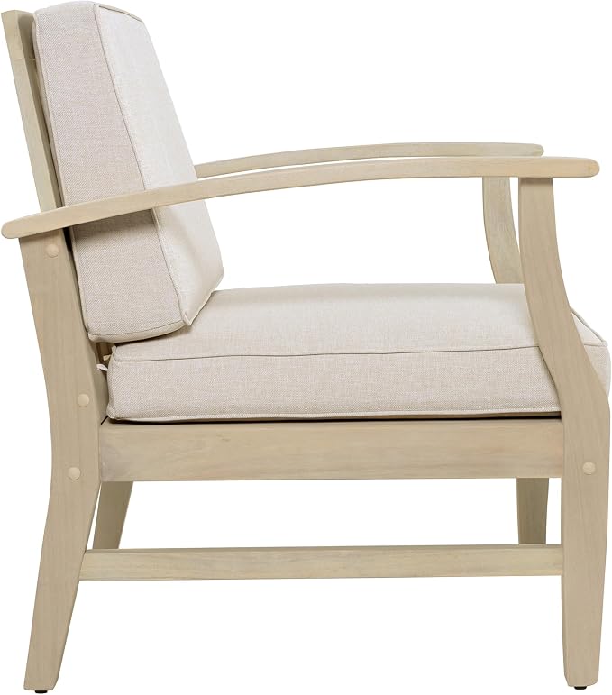 Christopher Knight Home Perla Set of 2 Acacia Wood Club Chair and Coffee Table, 3 Piece Patio Bistro Set, Solid Wood Outdoor Patio Furniture Set with Center Table, Light White+Sand