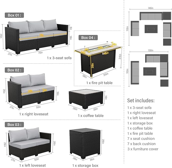 6 Piece Outdoor Furniture Sets Patio Furniture Set with 45 Inches Gas Fire Pit Outdoor Storage Box Glass Coffee Table and Waterproof Covers Anti-Slip Light Grey Cushions
